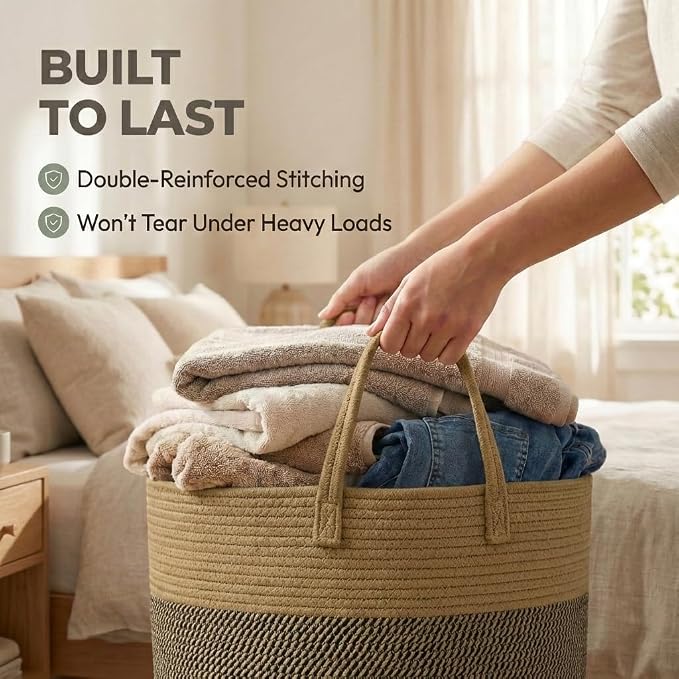 JMvicyroam 115L Extra Large Machine Washable Cotton Rope Blanket Basket | Collapsible laundry hamper, Reinforced handles, For blankets, pillows, toys and clothes, Living room and bedroom, Jute&Black