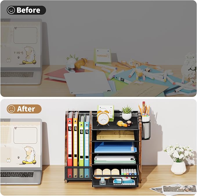 Marbrasse Desk Organizer with File Holder, 5-Tier Paper Letter Tray Organizer with Drawer and 2 Pen Holder, Mesh Desktop Organizer and Storage with Magazine Holder for Office Supplies (Wood-Brown)