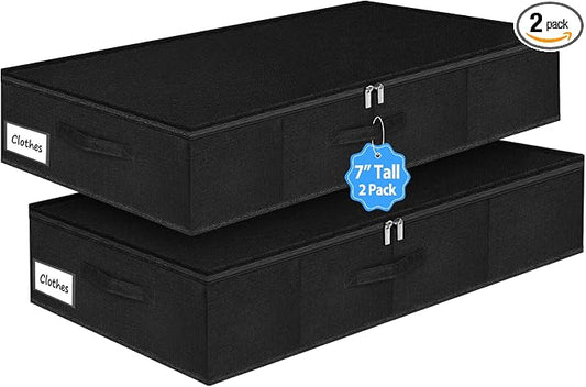 6.7-in Under Bed Storage Bin with Lid, Rigid Sides,2 Pack, Black | Zipped Lid, Rigid Sides & Bottom, Large Clothes Organizer Box, Off-season Storage, Bedrooms, Dorms Organization