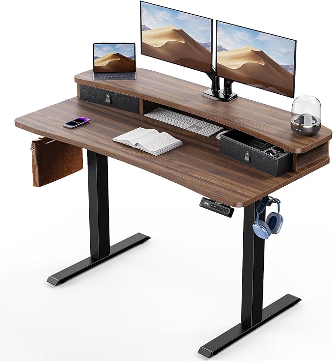 HUANUO 48″ x 24″ Electric Standing Desk with 2 Drawers, C-Clamp Mount Compatible, Height Adjustable Computer Desk, Home Office Stand Up Desk with 4 Preset Heights & 2 Hooks, Walnut