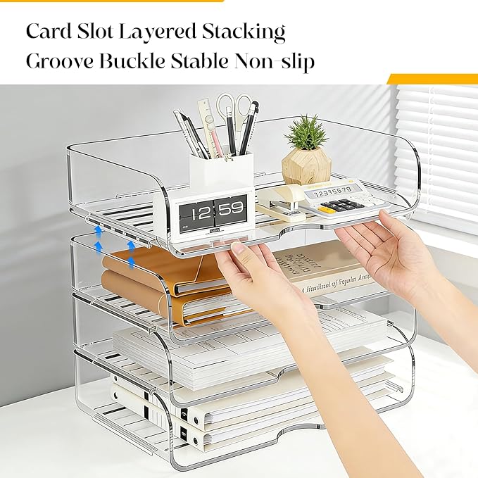 HIYOHIYO Clear Office Desk Organizer for A4 Letter Paper, 4 Tier Horizontal | Stackable | Large Capacity | Office Organization for File Folder | Desktop Paper Holder Workspace Organizer and Storage