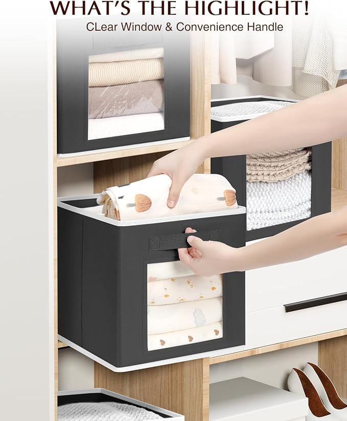 Foldable Storage Cubes - Square Organizer with Window, Decorative Baskets for Organizing, Fabric shelf Basket for Clothes, 11 Inch Closet Storage Cubes, Set of 16, Black
