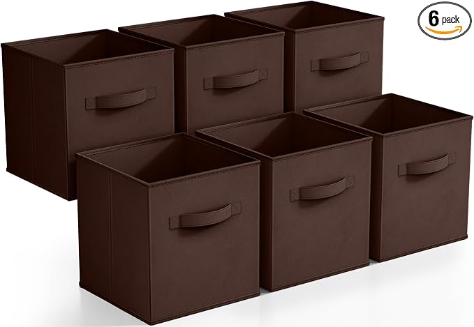 Sorbus Foldable Storage Cubes - 6 Fabric Baskets for Organizing Pantry, Closet, Shelf, Nursery, Playroom, Toy Box, Cubby -11 Inch Dual Handle Collapsible Closet Organizers and Storage Bins (Chocolate)