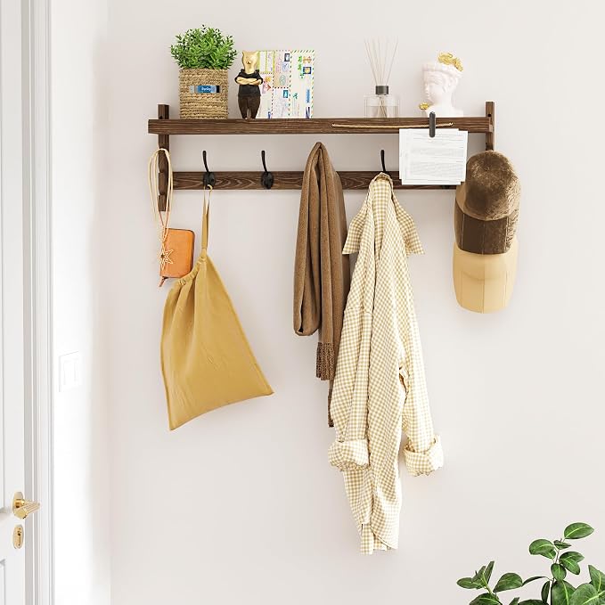 AMBIRD Wall Hooks with Shelf 28.9inch Entryway Wall Hanging Shelf, Wood Coat Hooks, Coat Rack Wall Mount Rack with 5 Dual Hooks, Glasses Organizer and Hat Organizer