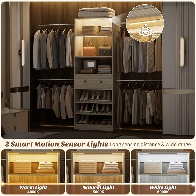 Wood Closet Organizer System with Sensing Light - 4FT-9FT Expandable Wardrobe Closet with Drawer & 4 Hanging Rods, Heavy Duty Walk-in Closet 1000Lbs for Bedroom Walk-in Closet, White Oak
