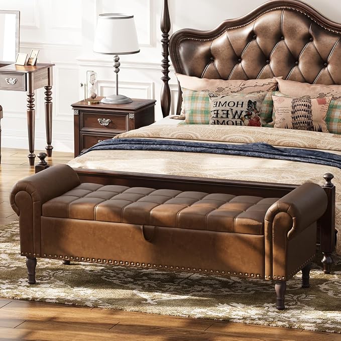 Apicizon 60” Bench with Storage, Upholstered Tufted Button Bedroom Bench with Storage, Faux Leather Ottoman Bench for Bedroom, Living Room, Entryway, Yellow Brown