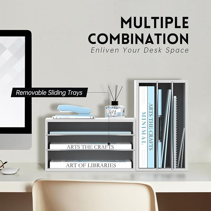 3 Tier Wood Desk Organizer, Mail Sorter and Paper Organizer for Desk, White | Wooden Desktop Organizer for Sorting Papers, Letters and Mails, Literature Organizer for Home Office, Classroom Organization