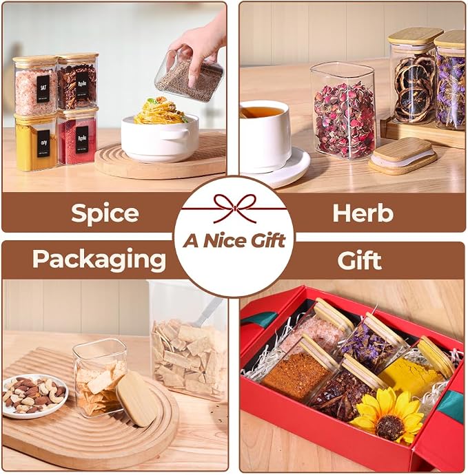 ComSaf Spice Jars 8oz Set of 6, Small Seasoning Containers with 9 Labels | Small Glass Jars With Labels, Empty Rectangle Canisters, Spice Rack Organization, Loose Tea, Herb, Powder, Dry Good, BPA Free