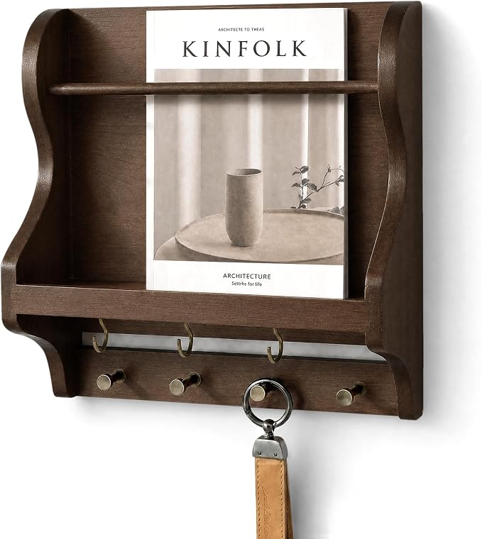 Pine Wood Mail Organizer Wall Mount with 7 Key Hooks for Entryway, Brown | Decorative Mail Holder for Wall, Living Room, Rustic Magazine Holder for Paper, Bill Storage, Home Decor, Apartment Aesthetic