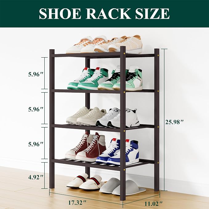 Smiry Bamboo Shoe Rack, 12 Vertical Slats, 4 Tier - 17.3" Wide, Brown | Stackable Free Standing Wooden Shoe Organizer, Wood Shoe Storage Shelf for Closet, Entryway