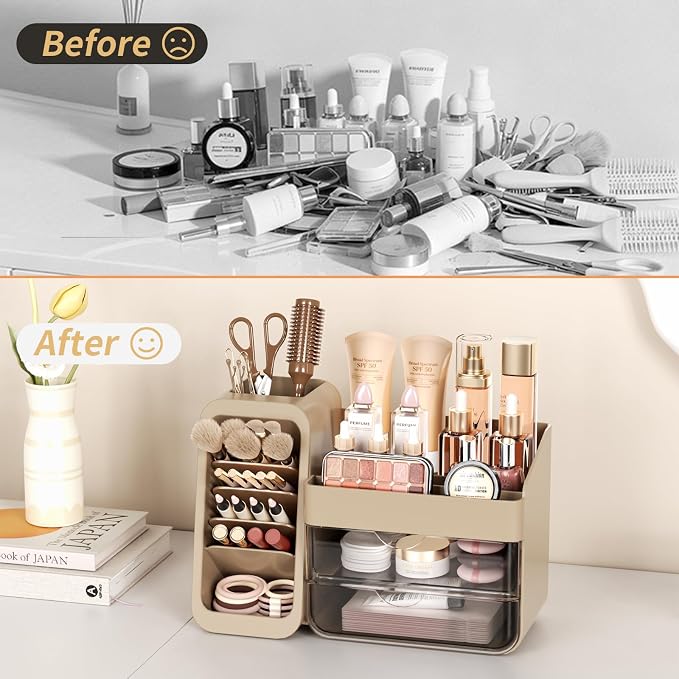 Makeup Organizer Countertop with DIY Adjustable Brush Holder for Vanity | Thickened Material, Large Bathroom Organizer Skincare Storage for Perfume, Lipstick, Nail Polish, Eyeshadow Palettes, Brown