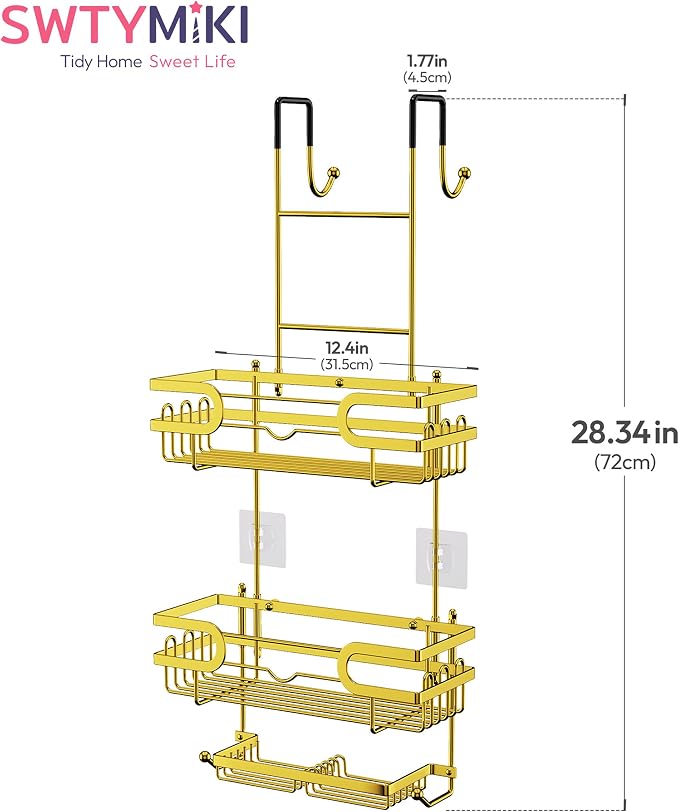 SWTYMIKI Over the Door Shower Caddy Hanging with Double Soap Holder, Hanging Shower Organizer with 16 Hooks, No Drilling Shower Shelves Over Door, Bathroom Rack and Storage, Gold
