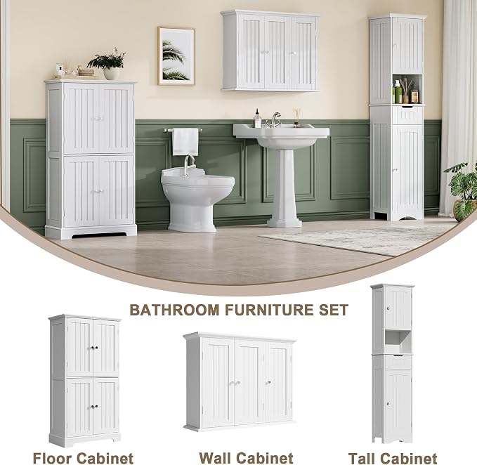 ChooChoo Laundry Cabinet with 3 Doors and Adjustable Shelves | 9.06"D x 31.1"W x 24"H, Bathroom Wall Cabinet, Cupboard, White