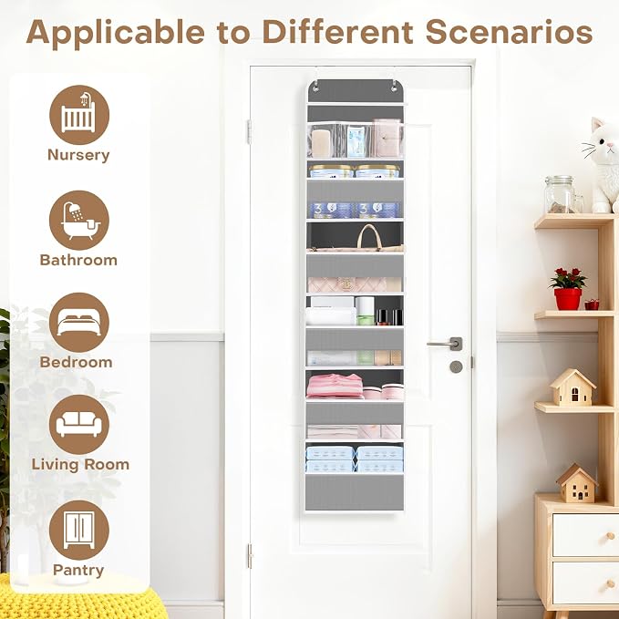 Over the Door Organizer, Large Pocket Hanging Storage with 40lb Capacity | Space Saving Door Storage for Nursery, Bathroom, Bedroom and Closet, Baby Essentials and Toiletry Organizer, Grey