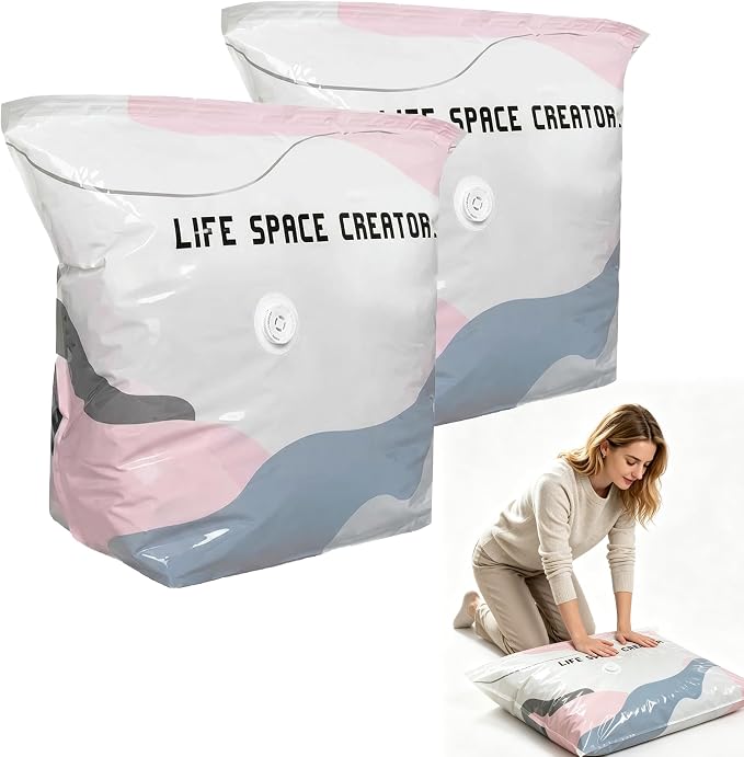 No Pump Vacuum Storage Bags, 3D Space Saver Compression Bags with Valve | Reusable Airtight Vacuum Seal Bags for Clothing, Blankets, Pillows & Bedding, 31.5×39.4in, 2 Pack