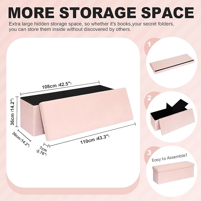 PINPLUS Storage Ottoman Bench Sherpa Foot Rest, Foldable Boucle Ottomans, Large Faux Teddy Fur Ottoman Storage Box Entryway Bench for Dorm, Pink, 43.3'' x 15'' x 15''