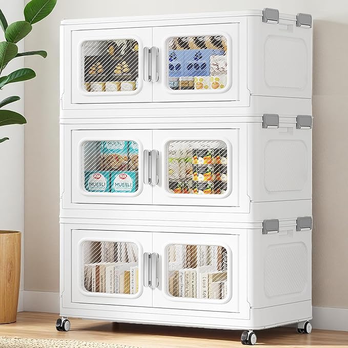 BROVIEW 360 Qt/90 Gal Stackable Storage Bins with Lids, 3 Pack, White | Large Stackable Storage Boxes w/ 3 Lid Folding Plastic Cart Organizer for Home Kitchen, Open Front Clear Door with Wheels