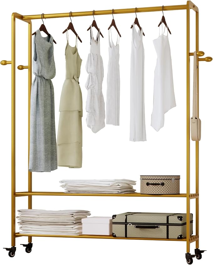 Gold Rolling Garment Rack with Shelves and Hooks,Freestanding Metal Clothing Rack with Wheels,Modern Clothes Hanging Rack for Bedroom,Closet,Boutique Display