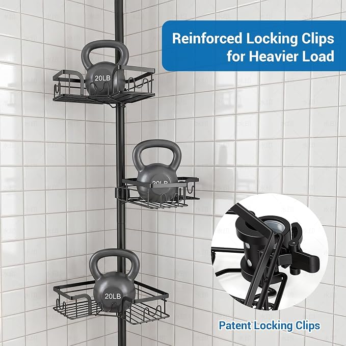 4-Tier Corner Shower Caddy Tension Pole, Floor to Ceiling Shower Corner Shelf Organizer with Soap Hold No-Drill 23.6-114.5 Inch
