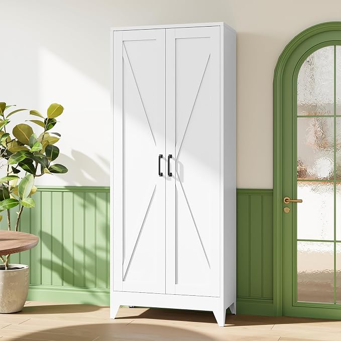 Letaya 75" H Metal Storage Cabinet with 2 Doors and 4 Shelves,Tall Kitchen Pantry Cabinets,Farmhouse Utility Pantry Organizers for Cupboard/Dining/Bathroom/Home Office/Garage,White