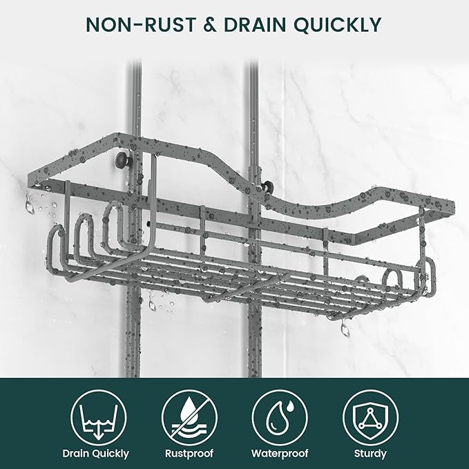 REINHARDT Shower Caddy Hanging Adjustable, Extended Length Rustproof Shower Caddy Over Shower Head with Hooks Soap Holder, Large Capacity Shower Organizer Anti-Swing Bathroom Organizer, Grey | Shower Caddy Over Showerhead, Extra Long, No Drilling, Anti...