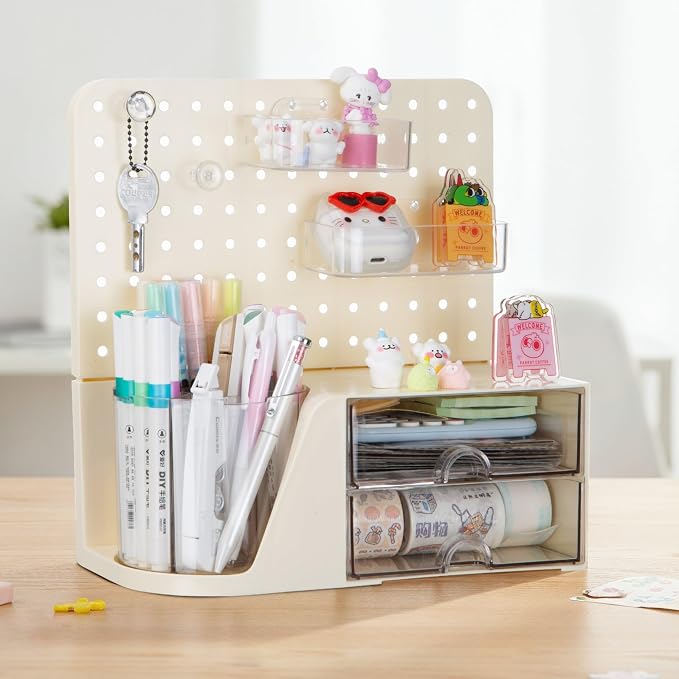 Comix Desk Organizer with 2 Drawer, Beige 360° Rotating Pen Holder for Desk | Desk Organizers and Accessories with 5 Slots Pencil Holder+Pegboard+Drawer, Pen Organizer for Home School Art Office Supplies
