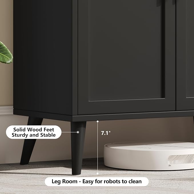 Keehusux 15.7" D Black Storage Cabinet with 2 Doors & Adjustable Shelf | Accent Buffet Sideboard Solid Wood Legs, Coffee Bar, Modern Floor Storage Cabinet for Kitchen, Living Room