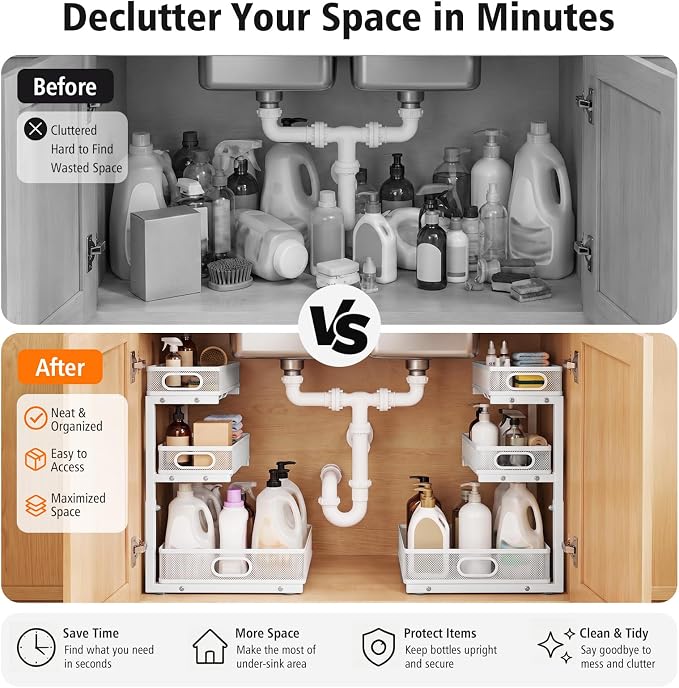 Under Sink Organizer, 3 Tier Pull Out Cabinet Organizer with 5 Adjustable Heights, Metal Under Sink Storage with Sliding Drawers for Kitchen, Bathroom, Pantry and Laundry Room, 2-Pack White