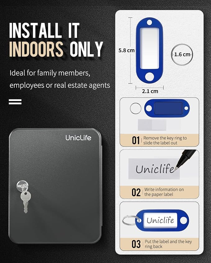 Uniclife 48-Key Steel Key Cabinet with 2 Unlocking Keys Wall Mounted Key Organizer Black Frosted Security Box with Hooks and Key Tag Labels Identifiers in 9 Assorted Colors