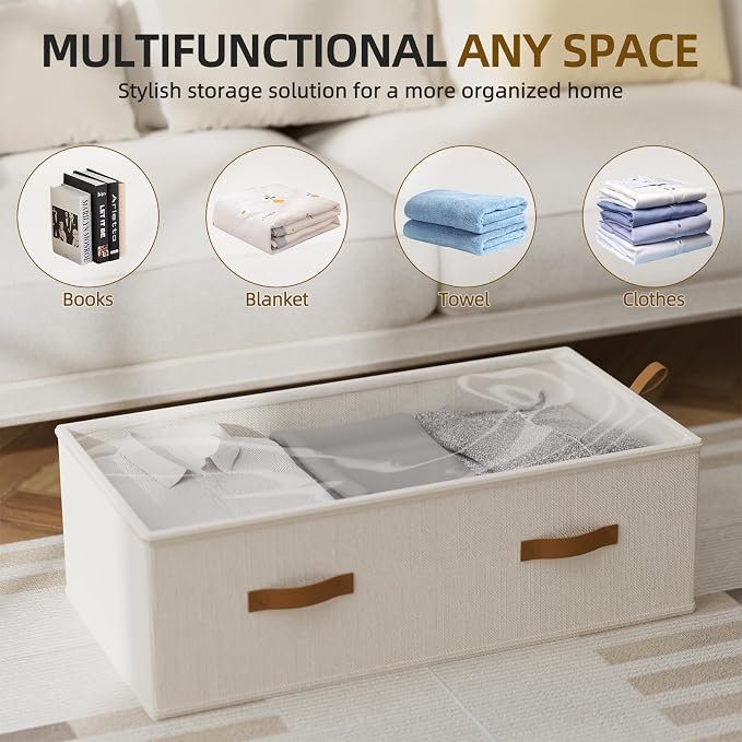 10inch 3 Pack Under Bed Storage Containers, 10 Inch Tall Underbed Clothes Storage Organizer Bin with Clear Window，Foldable Box Basket for Clothes, Closet, Bed Sheets and Blankets White