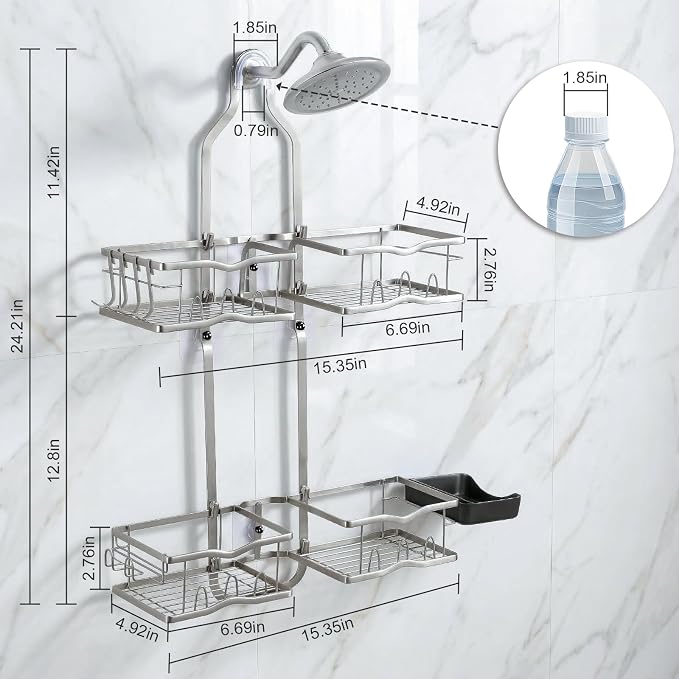 Shower Caddy Hanging Organizer Over Showerhead with Hooks, Silver | Rustproof Hanging Shower Organizer for Handheld Showerheads, Shower Shelves Rack with Razor Soap Holder, Toothbrush Holder
