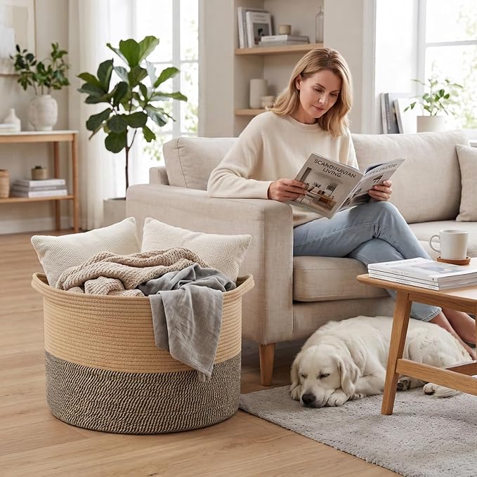 90L Extra Large Blanket Basket,Woven Rope Laundry Basket-Jute&Black | Collapsible, reinforced handles, nursery storage bin organizes clothes, toys and pillows for living room, bedroom bathroom