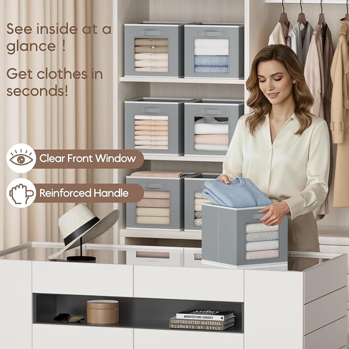 Storage Cube 11 Inch - Cube Storage Bins with Window, Closet Storage Baskets with Handle, Fabric Bins for Closet, Shelves, Toys, Clothes, Set of 6, Grey