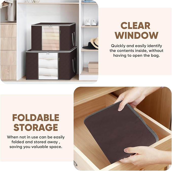 BALEINE 3 Pack Clothes Storage Bags, 16 Gallon Storage Containers with Reinforced Handle, Sturdy Zipper, Closet Organizer for Blanket, Comforter, Pillow, Bedding (Brown, 3 Pack)