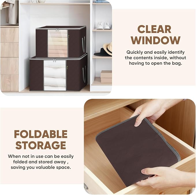 BALEINE 8 Pack Clothes Storage Bags, 24 Gallon Storage Containers with Reinforced Handle, Sturdy Zipper, Closet Organizer for Blanket, Comforter, Pillow, Bedding (Brown, 8 Pack)