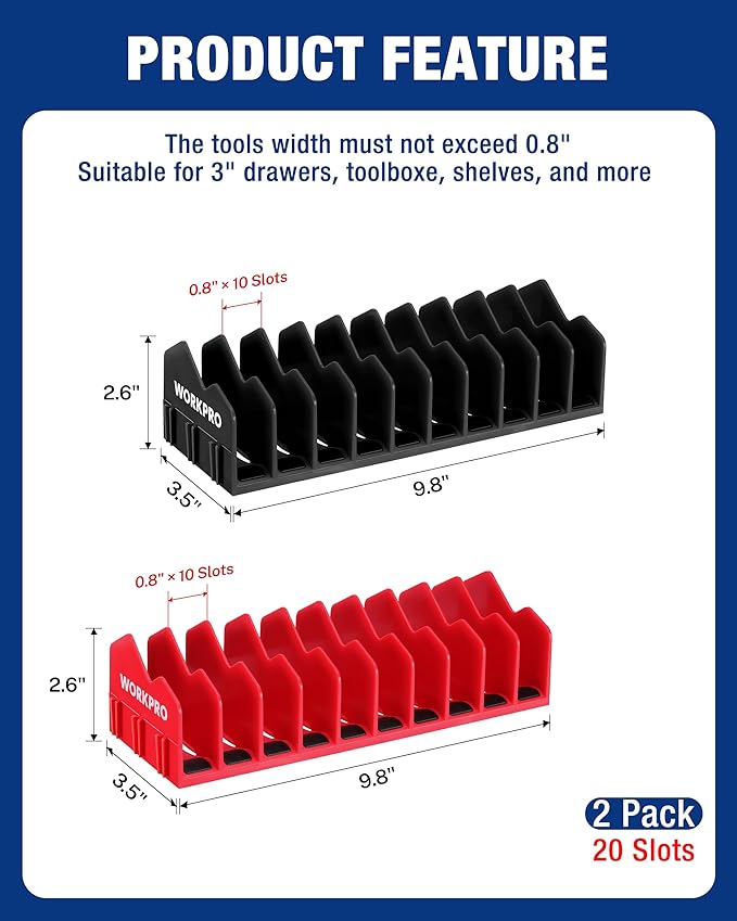 WORKPRO 2-Pack Plier Organizer Rack, 20-Slot Tool Organizer and Storage | Large Capacity Plier Holder, Non-Slip Rubber Base, High-Strength Plastic, Extendable Tool Box Organizer, Pliers Not Included