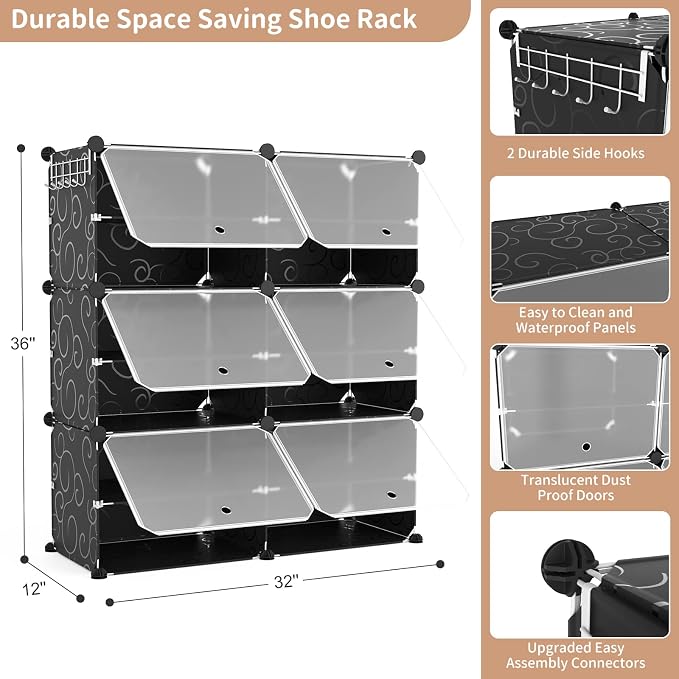 ROJASOP Portable Shoe Rack Organizer 6-Tier Shoe Cabinet 24-Pair Shoe Organizer Shoe Storage Expandable Free Standing Stackable Space Shoe Rack with 2 Exclusive Versatile Hooks for Bedroom Black