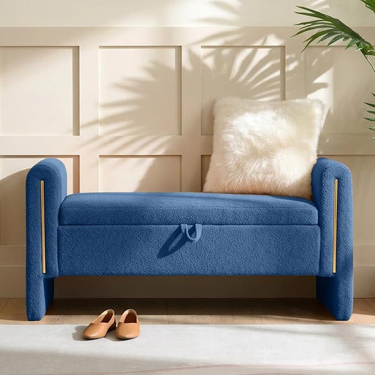 52" Flip-Top Storage Ottoman Bench, Teddy Entryway Bench (Blue) | Teddy Fleece Upholstered End of Bed Bench with Armrests, Soft Padded Window Bench for Living Room Bedroom Entryway