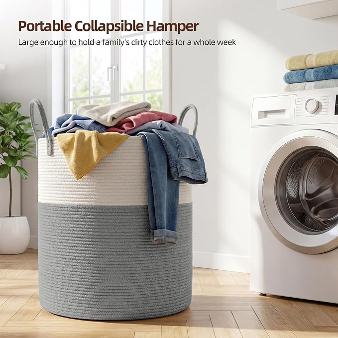 OIAHOMY Large Laundry Basket Hamper - 60L Cotton Rope Woven Basket for Blankets, Toys, Clothes - Tall Decorative Nursery Hamper with Long Handles, Grey/White