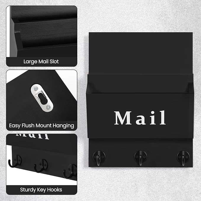 Mail and Key Holder, Wall Key Holder with 2 Mail Organizer Slot and 3 Hooks | Decorative 8.86" x 11.42" Mail Holder, Real Paulownia Wood with Keyhole Brackets, Hardware and Instructions