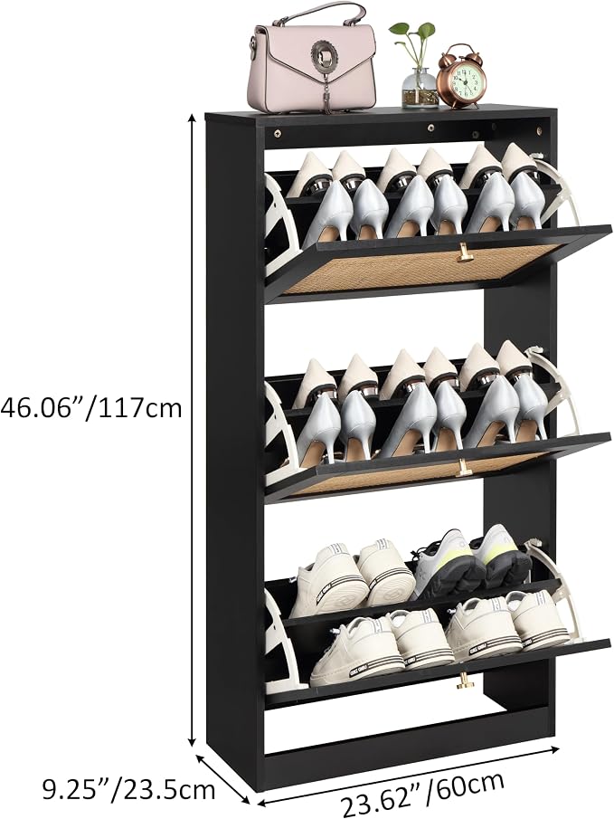 Finnhomy 3 Tier Shoe Cabinet with Natural Rattan Flip Drawers for Entryway, Free Standing Slim Shoe Storage Organizer with Large Top Board, Shoe Cabinet with Adjustable Width Drawers, Black