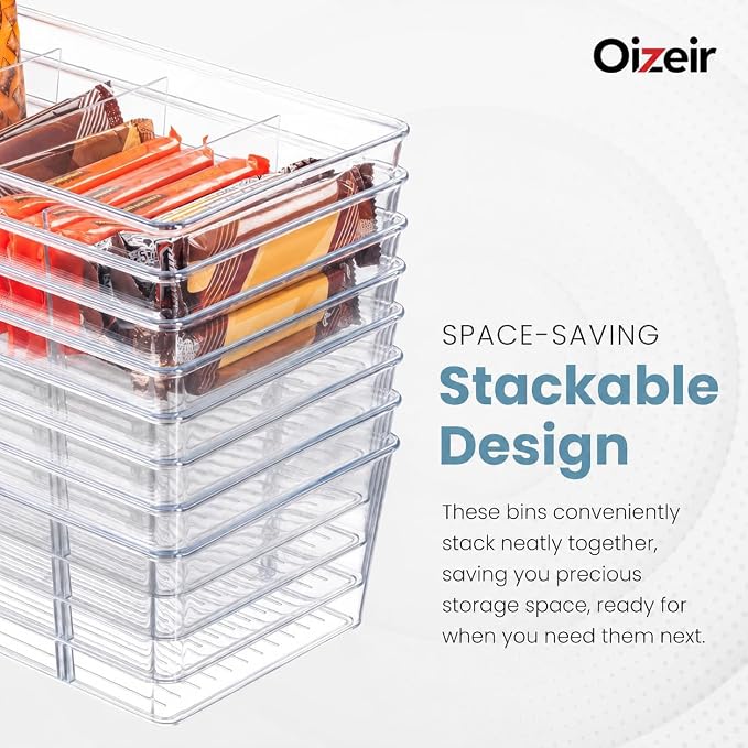 Oizeir Clear Pantry Organizer Bins 4-Pack - Fridge Organizer with 3 Removable Dividers - Kitchen Pantry Organizers & Storage - Storage Cabinet Snack