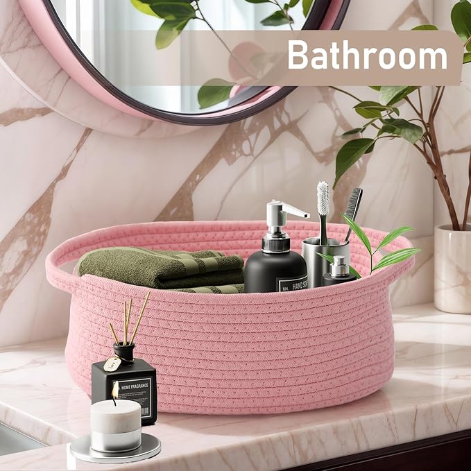 JMvicyroam Small Woven Basket, Empty Gift Basket, Pink/3 Pack | Small Gift Basket, Cotton Rope, 12 x 8 x 44 in, Handles, Includes Ribbon and Bag, Birthday Gift Basket