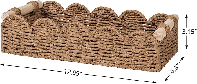 CubesLand Toilet Paper Storage Basket Organizer, Small Wicker Decor Basket | Toilet Tank Top Decorative Basket for Countertop, Handwoven Scalloped Basket W/Handle for Home Decor Living Room, Neutral