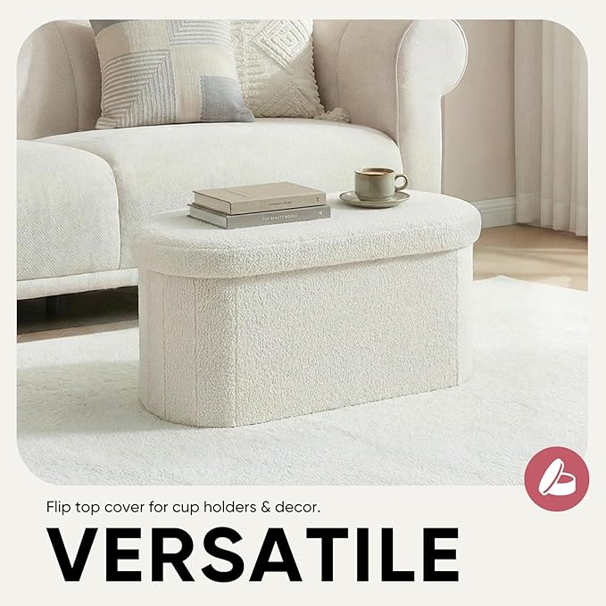 30 Inches Oval Ottoman with Storage, Boucle Sherpa Storage Ottoman Bench, Folding Foot Rest Chest for Bedroom Living Room