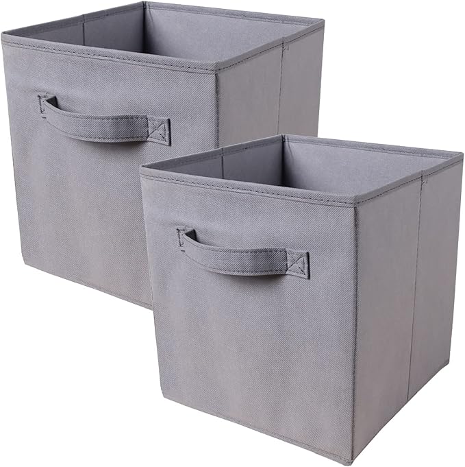 PowerKing Collapsible Storage Cubes, Farbic Storage Bins, Grey, 2 Pack | Sturdy, Lightweight, Easy Pull Handle, Closet & Shelf Organizer, Clothes and Toys Storage, 10.5'' x 11'' x 10.5''