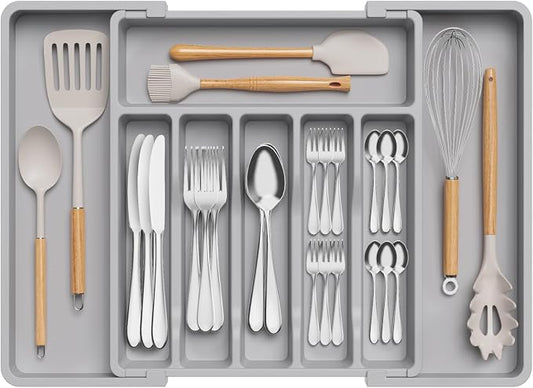 Lifewit Extra Large Silverware Drawer Organizer, Expandable Utensil Tray for Kitchen, BPA Free Flatware and Cutlery Holder, Adjustable Plastic Storage for Spoons Forks Knives, 13-22 x 15, Gray