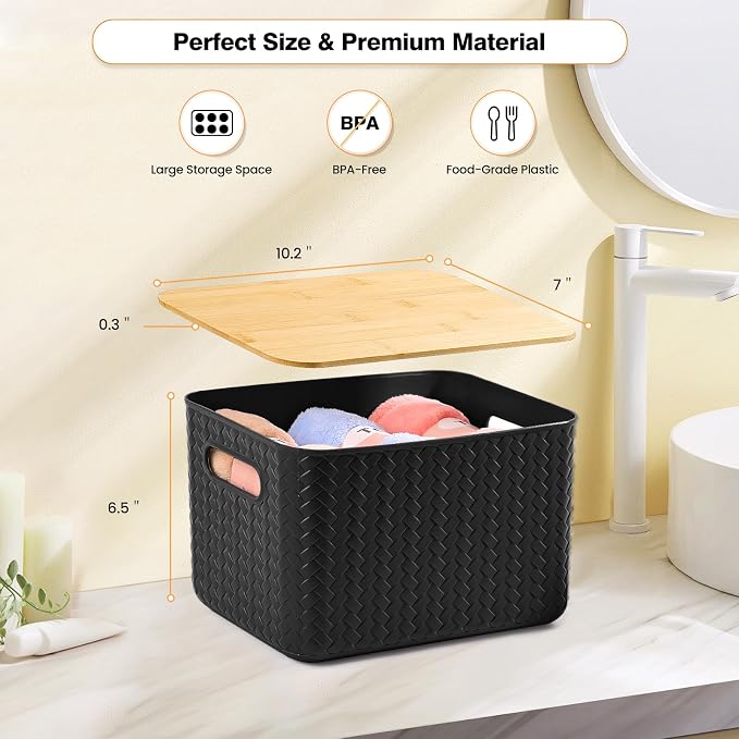 Ohmlove 4 Packs Storage Bins with Bamboo Lids - Plastic Storage Containers with Lids Stackable Storage Box: Storages Baskets for Organizing Desktop Closet Playroom Classroom Office, Black