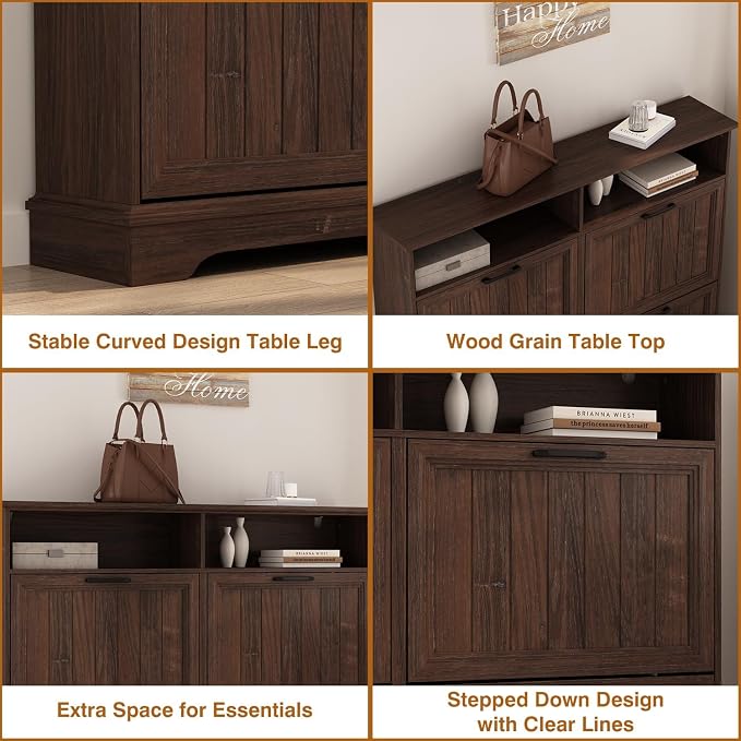 Hidden Shoe Storage Cabinet with 4 Flip Drawers & Open Storage | Farmhouse Modern Shoes Rack Cabinet,Adjustable Shelves ,Narrow Slim Shoe Organizer for Front Door Entrance, Entryway, Walnut