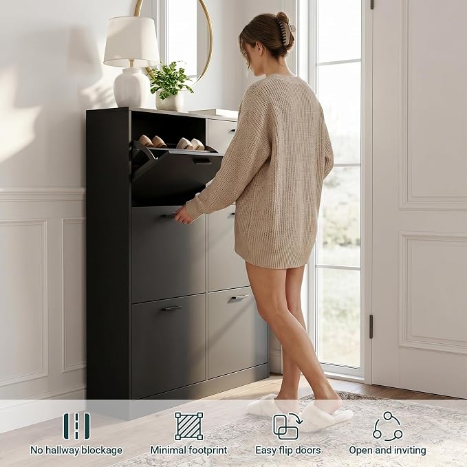 Shoe Cabinet with 6 Flip Drawers, Narrow Freestanding Shoe Organizer, Hidden Slim Shoe Storage Cabinet for Entryway, Hallway, Living Room, Black